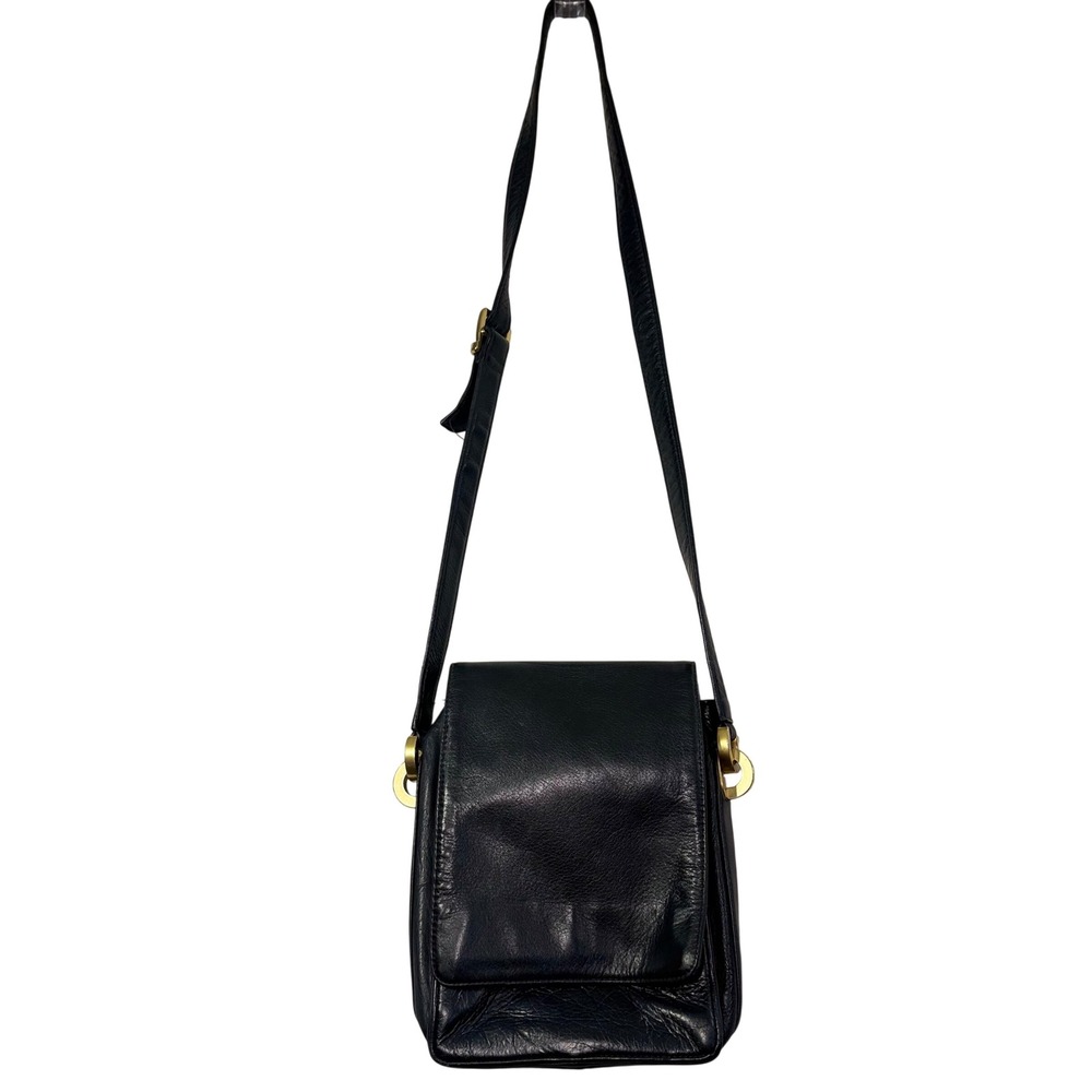Perlina New York Navy Black Leather Crossbody Bag Gold Hardware VTG‎ Organizer
